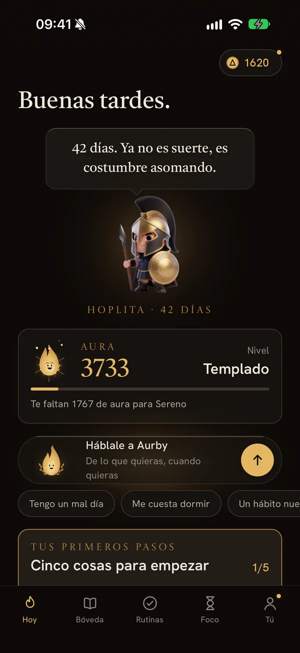Pantalla Hoy de Kovenant: tus hábitos del día, tu aura y Aurby